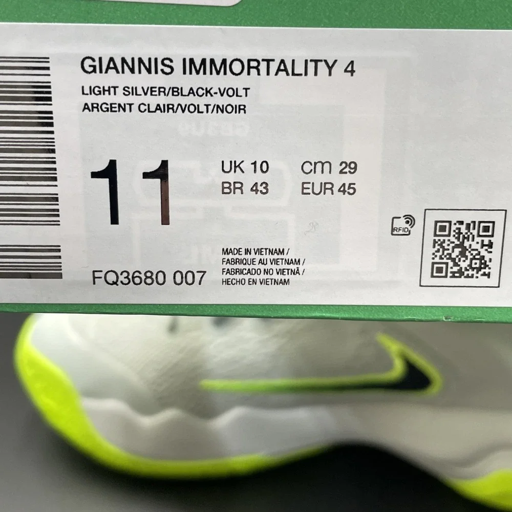 Nike Giannis Immortality 4 Shoes Mens 11 Silver Volt Black Basketball FQ3680-007
